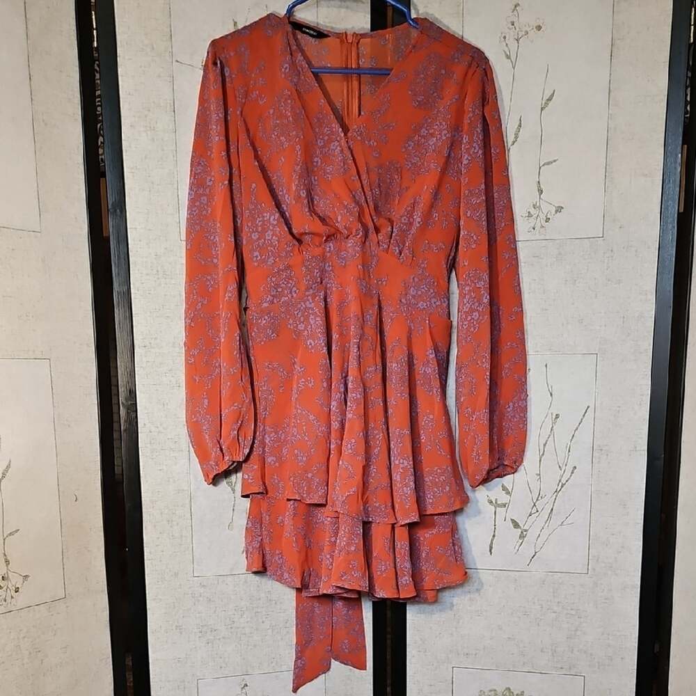 Vibrant Orange and Blue Long Sleeve Ruffled Tie Front Sundress